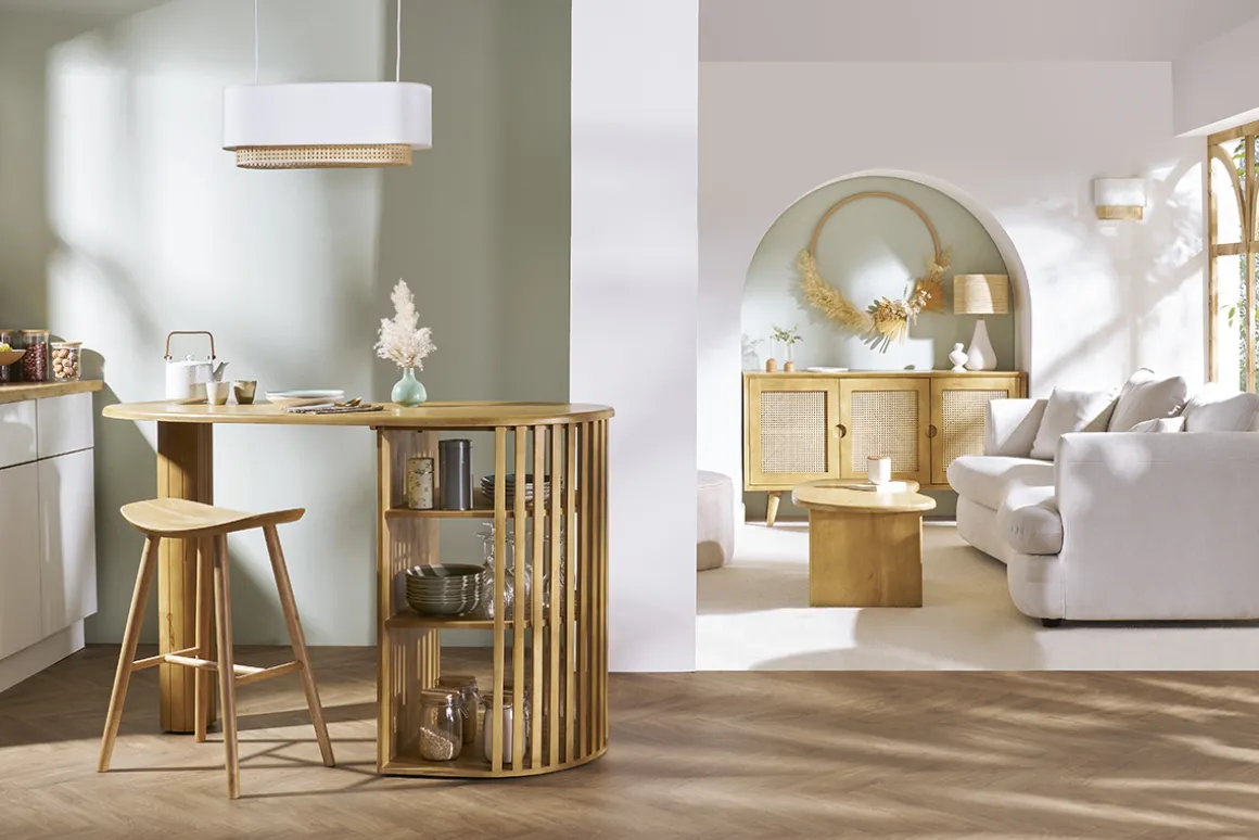 Miliboo Suspension|Suspension-Abat-jour pour suspension double en tissu blanc et cannage rotin naturel L62 cm TIWY