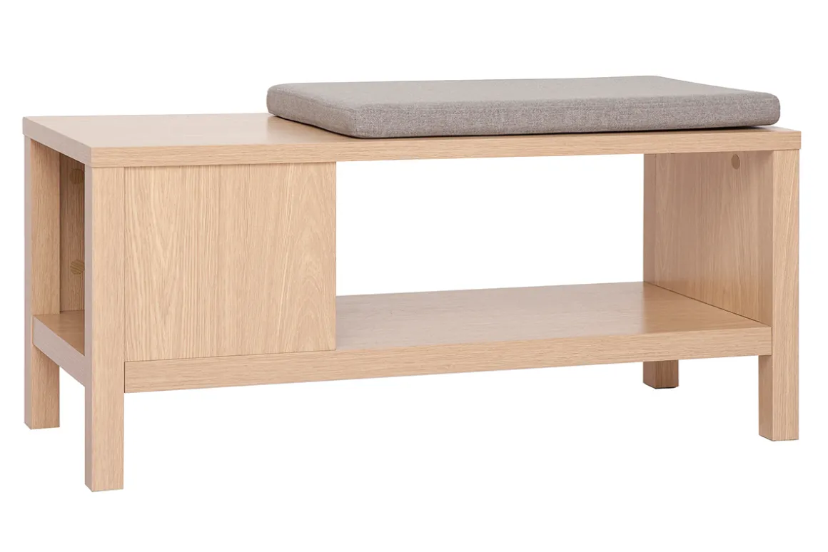 Miliboo Chaise En Bois|Banc-Banc d'entrée avec rangement finition bois clair chêne avec coussin banquette grège L100 cm GUMBY