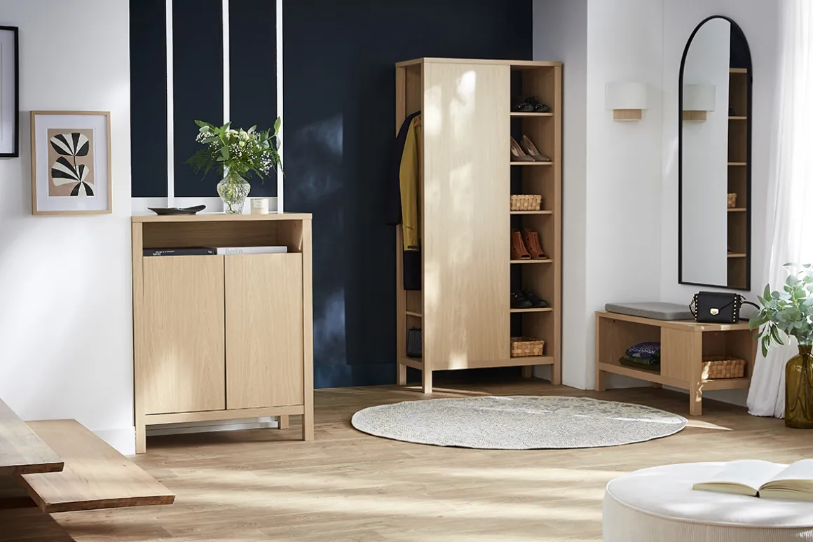 Miliboo Chaise En Bois|Banc-Banc d'entrée avec rangement finition bois clair chêne avec coussin banquette grège L100 cm GUMBY