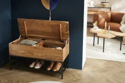 Miliboo Banc|Meuble D'entrée-Banc d'entrée industriel avec coffre de rangement en bois massif et métal noir L100 cm SORG