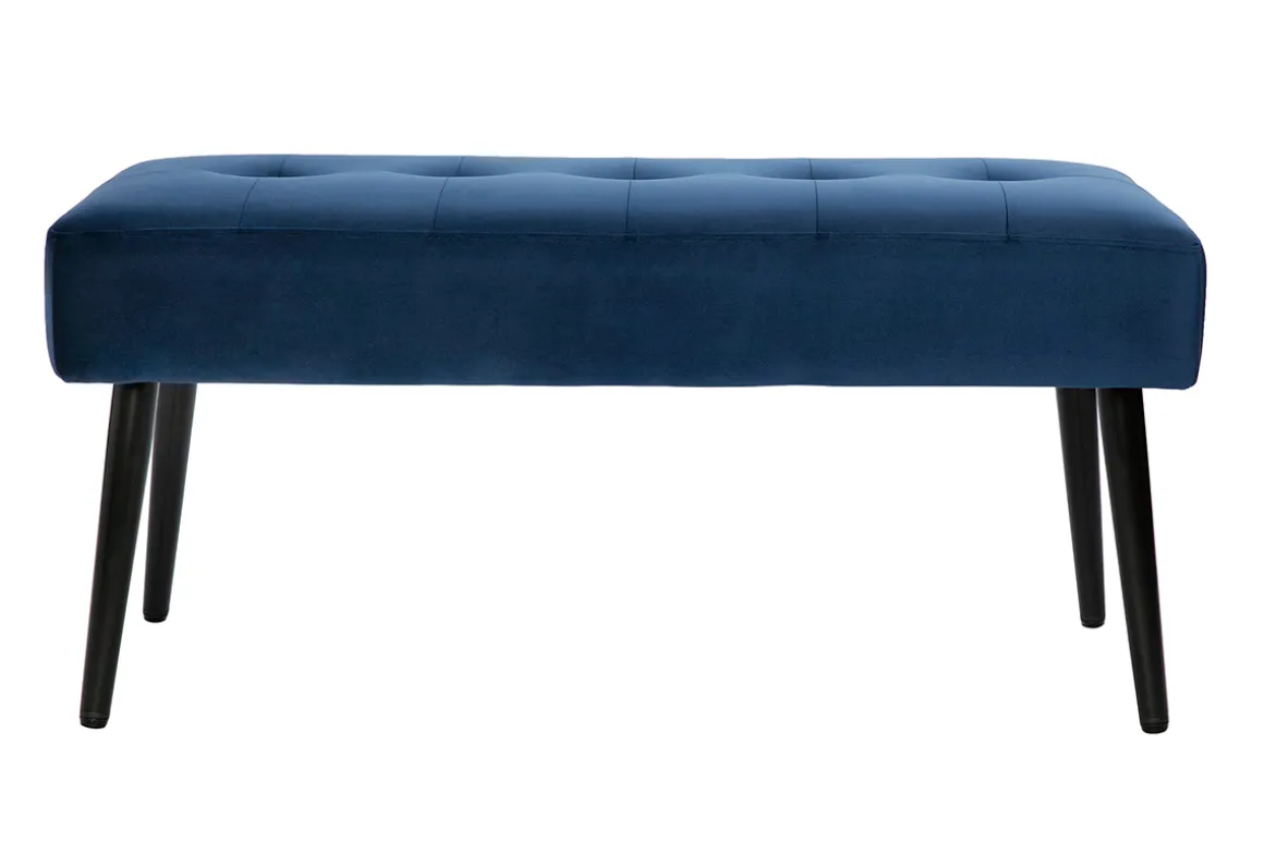 Miliboo Banc|Meuble D'entrée-Banc design capitonné en tissu velours bleu nuit et métal noir L96 cm GUESTA