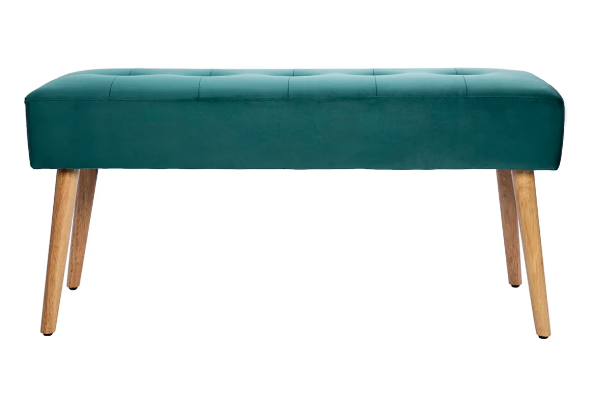 Miliboo Banc|Meuble D'entrée-Banc scandinave capitonné en tissu velours bleu pétrole et bois clair L96 cm GUESTA