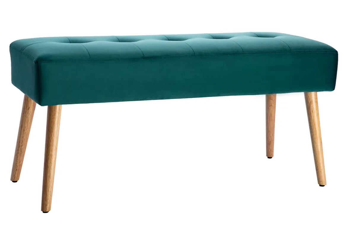 Miliboo Banc|Meuble D'entrée-Banc scandinave capitonné en tissu velours bleu pétrole et bois clair L96 cm GUESTA