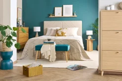 Miliboo Banc|Meuble D'entrée-Banc scandinave capitonné en tissu velours bleu pétrole et bois clair L96 cm GUESTA