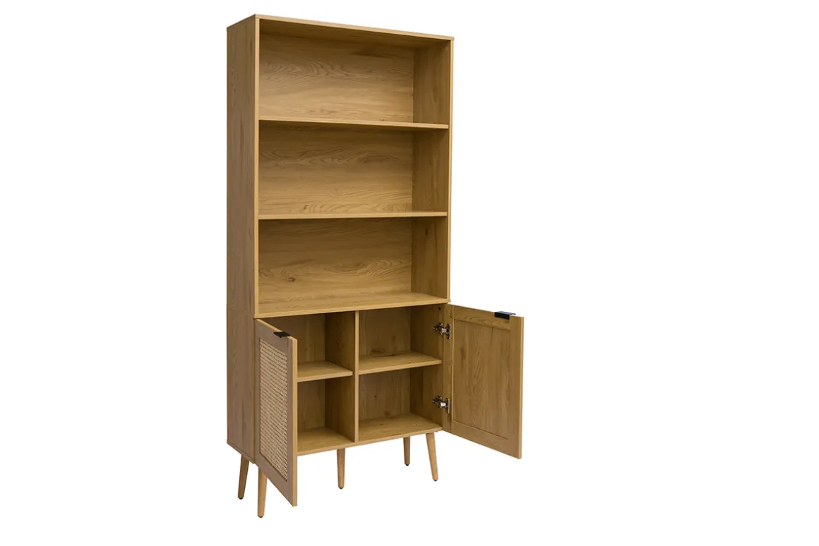 Miliboo Bibliothèque Et Étagère|Bibliothèque Et Étagère-Bibliothèque finition bois clair, cannage en rotin et métal noir L90 MANILLE