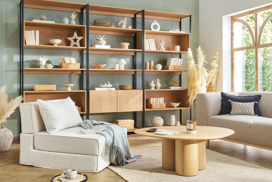 Miliboo Bibliothèque Et Étagère|Bibliothèque Et Étagère-Bibliothèque étagère avec rangement fermé finition bois clair chêne et métal noir L94 cm FLEA