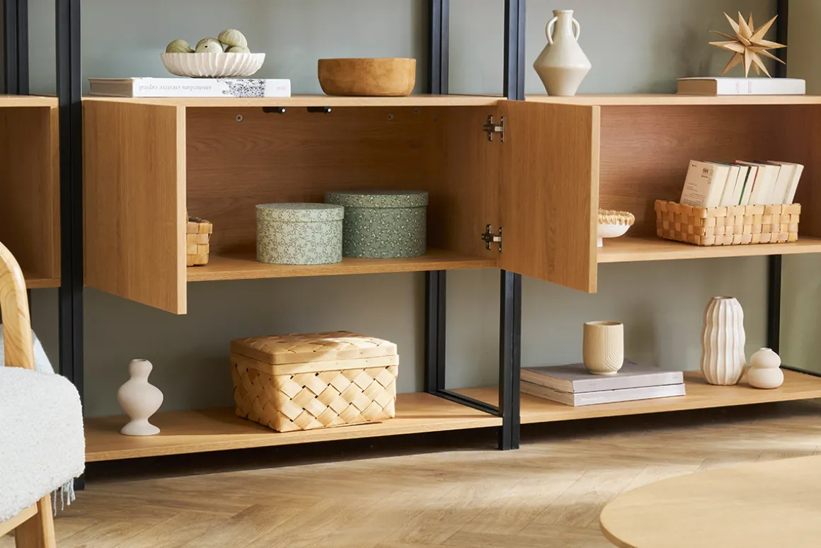 Miliboo Bibliothèque Et Étagère|Bibliothèque Et Étagère-Bibliothèque étagère avec rangement fermé finition bois clair chêne et métal noir L94 cm FLEA