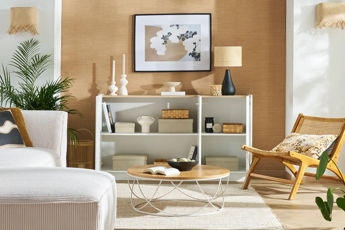 Miliboo Buffet-Buffet design blanc laqué brillant et bois clair 3 portes L155 cm NELIO