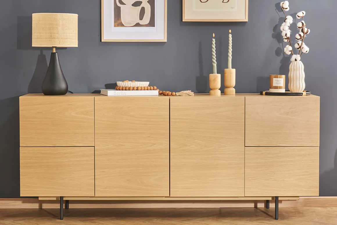 Miliboo Buffet-Buffet design finition bois clair chêne et métal noir 2 portes 4 tiroirs L180 cm ALASKA