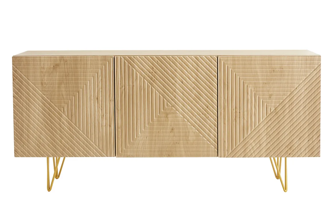 Miliboo Buffet-Buffet design gravé finition bois clair chêne et métal doré 3 portes L160 cm OZEN