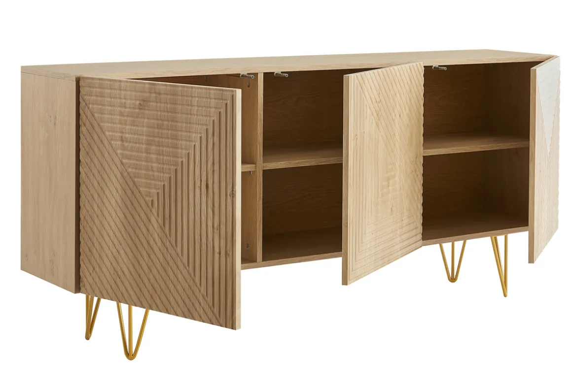 Miliboo Buffet-Buffet design gravé finition bois clair chêne et métal doré 3 portes L160 cm OZEN