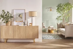 Miliboo Buffet-Buffet design gravé finition bois clair chêne et métal doré 3 portes L160 cm OZEN