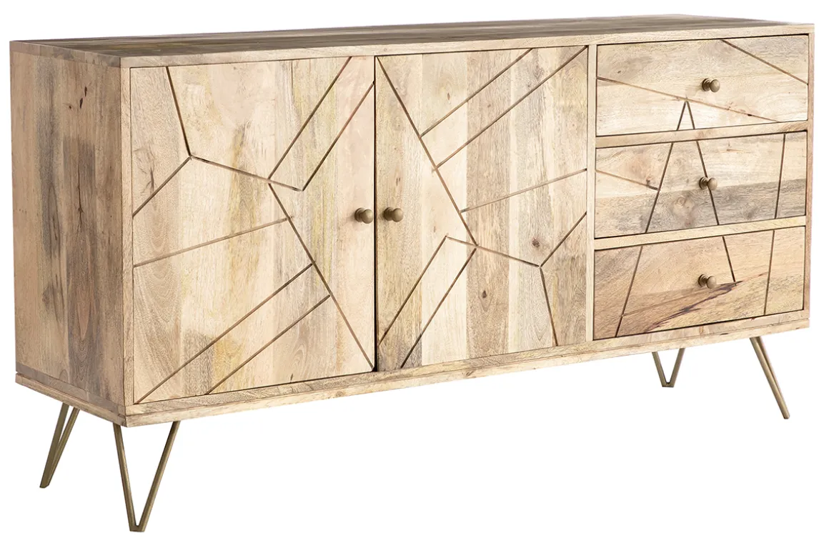 Miliboo Buffet-Buffet gravé en bois manguier massif et métal doré 2 portes 3 tiroirs L145 cm LINIUM