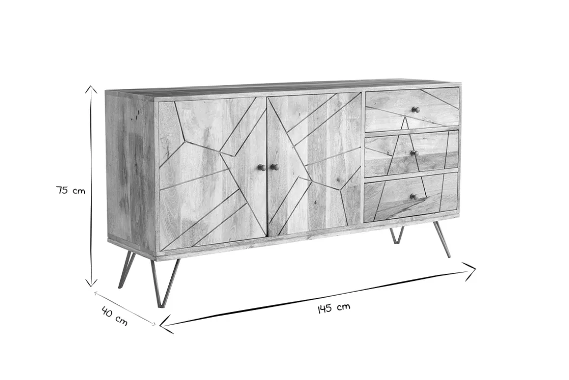 Miliboo Buffet-Buffet gravé en bois manguier massif et métal doré 2 portes 3 tiroirs L145 cm LINIUM