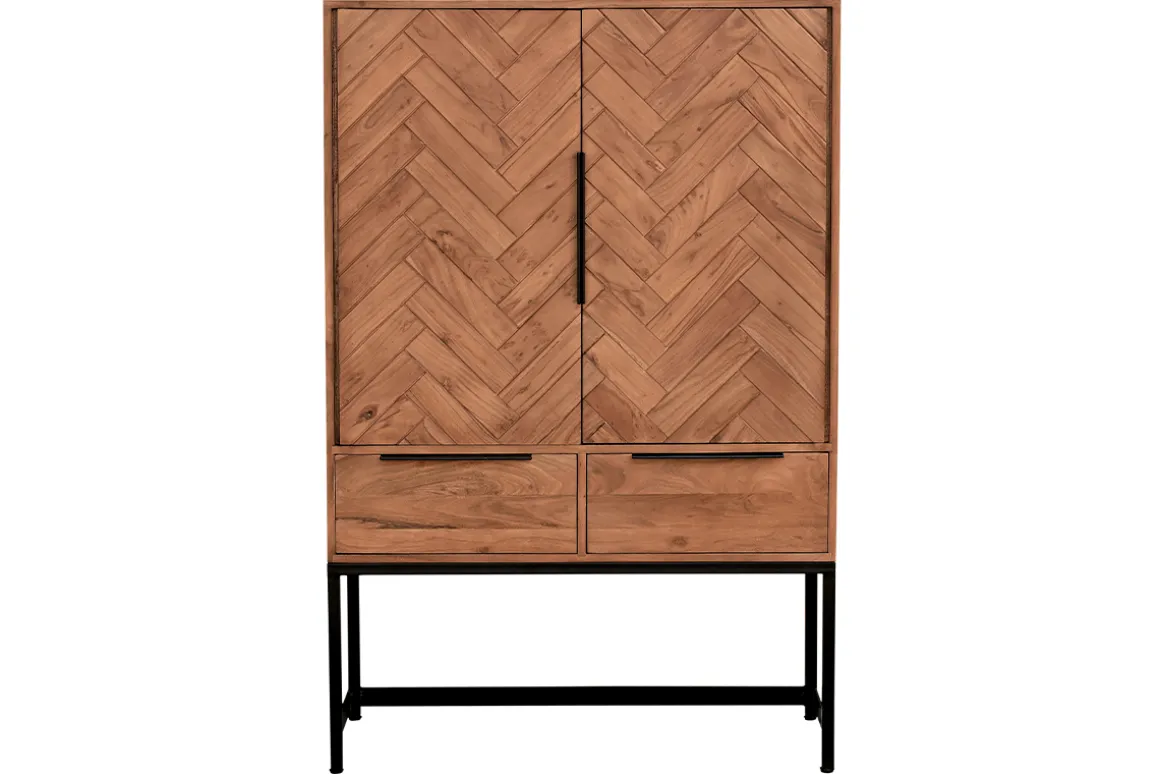 Miliboo Buffet-Buffet haut à motifs chevrons en bois massif et métal noir 2 portes 2 tiroirs STICK