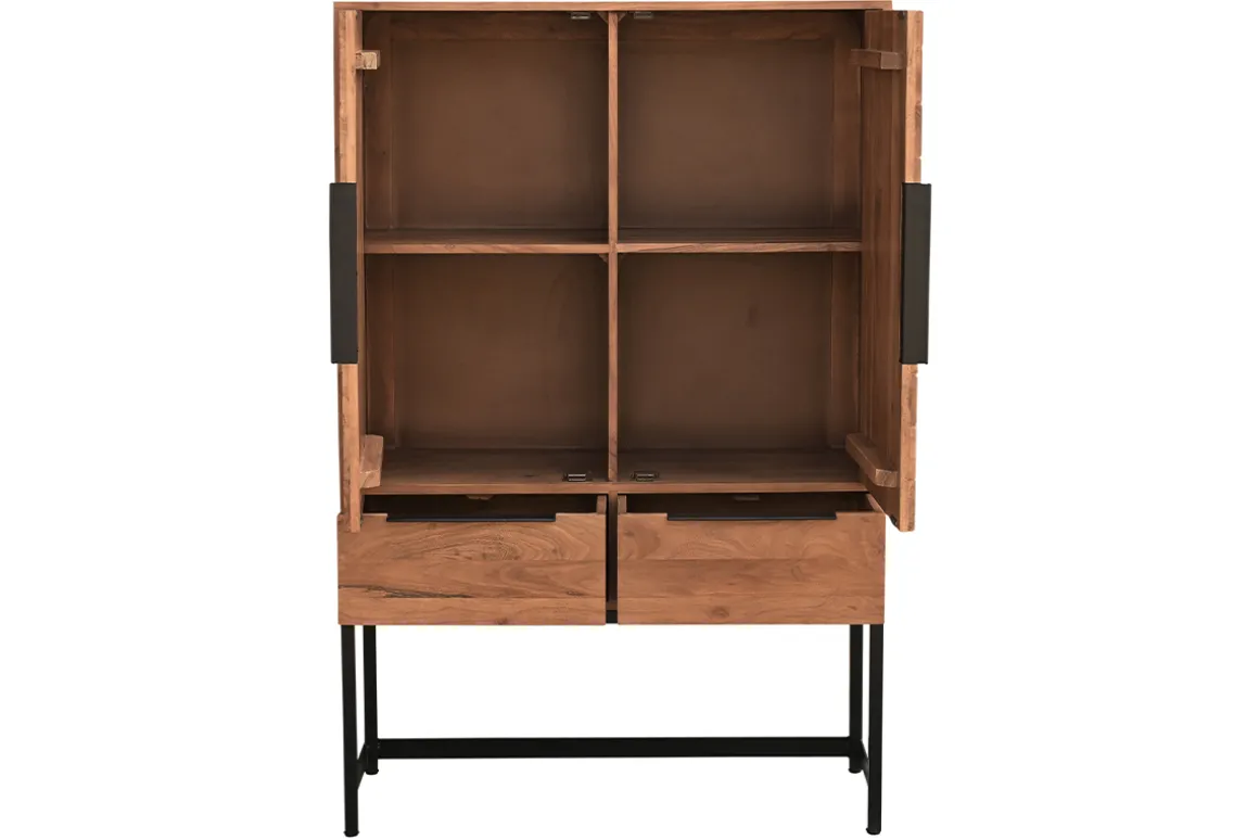 Miliboo Buffet-Buffet haut à motifs chevrons en bois massif et métal noir 2 portes 2 tiroirs STICK