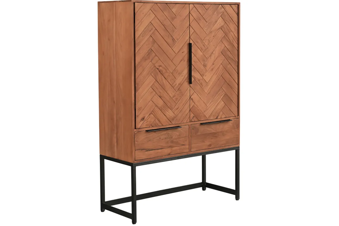 Miliboo Buffet-Buffet haut à motifs chevrons en bois massif et métal noir 2 portes 2 tiroirs STICK