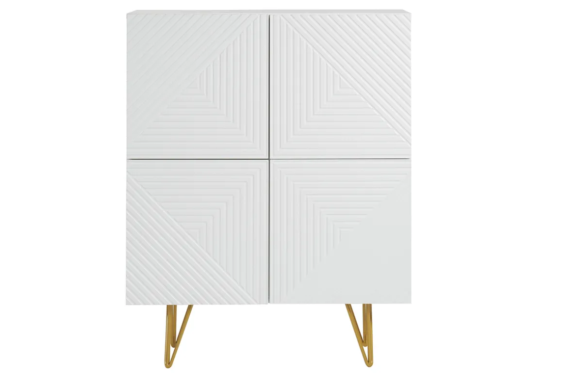 Miliboo Buffet|Meuble D'entrée-Buffet haut design gravé blanc mat et métal doré 4 portes L86 cm OZEN