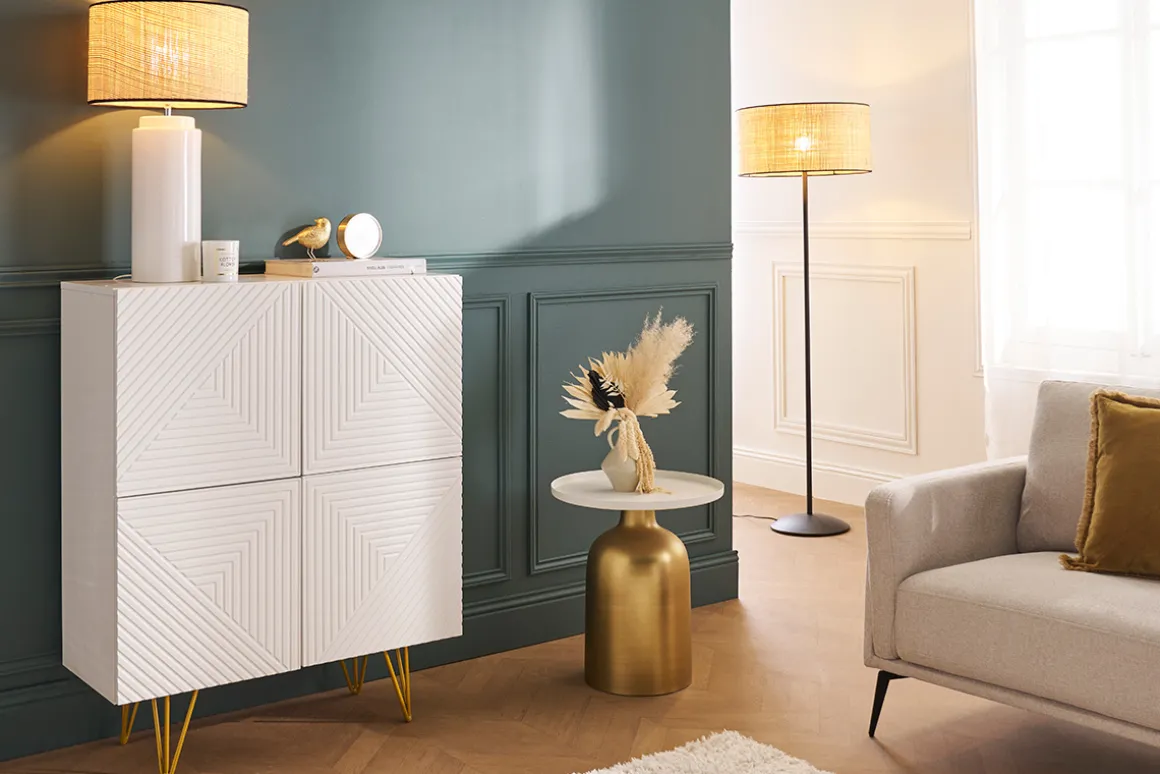 Miliboo Buffet|Meuble D'entrée-Buffet haut design gravé blanc mat et métal doré 4 portes L86 cm OZEN