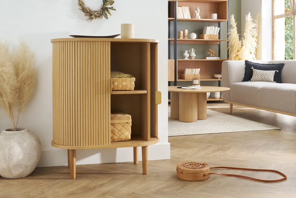 Miliboo Buffet|Meuble D'entrée-Buffet haut vintage avec portes coulissantes bois clair chêne L70 cm EPIC