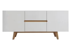 Miliboo Buffet-Buffet scandinave blanc brillant et finition bois clair 2 portes 2 tiroirs L160cm MELKA