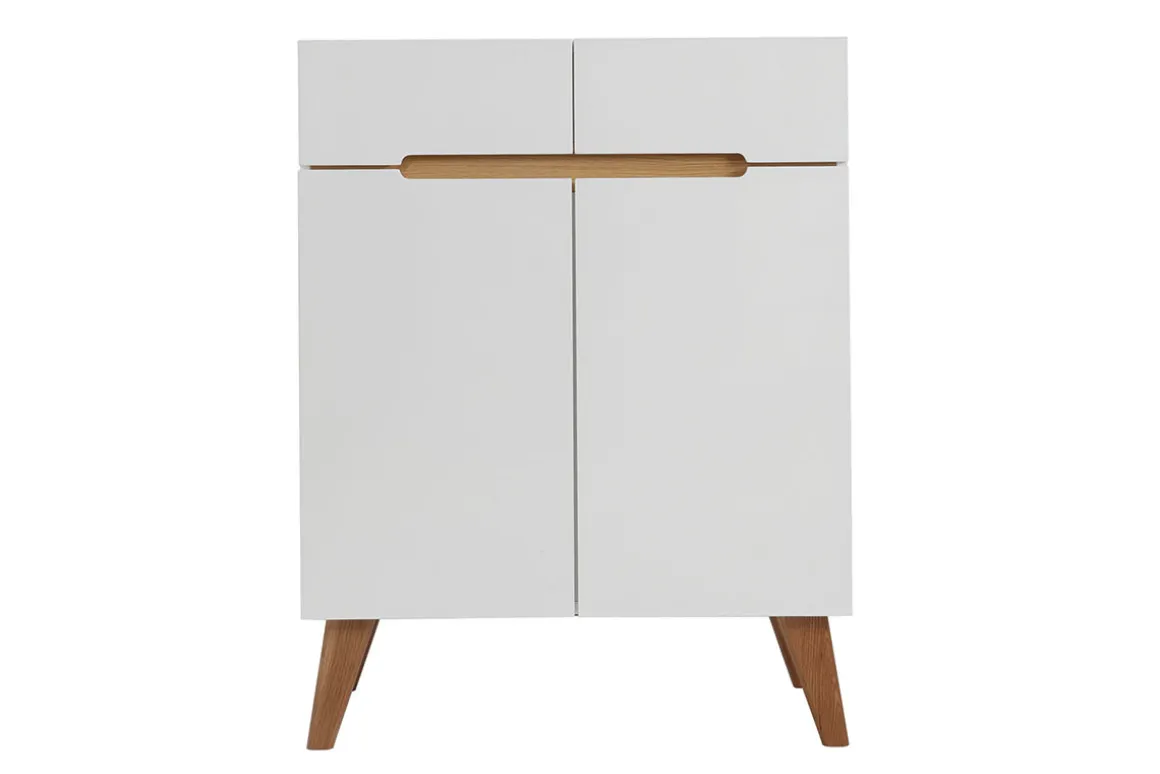 Miliboo Buffet-Buffet scandinave blanc brillant et finition bois clair 2 portes 2 tiroirs L80cm MELKA