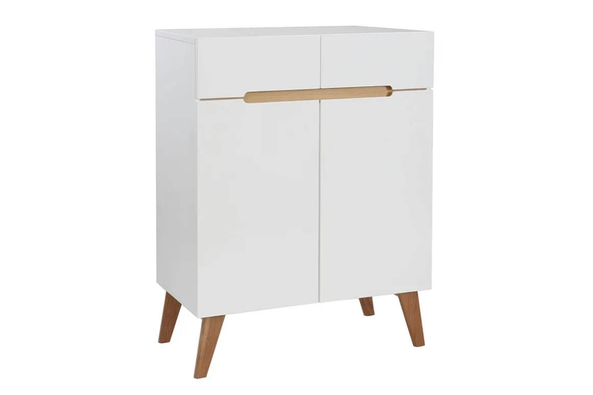 Miliboo Buffet-Buffet scandinave blanc brillant et finition bois clair 2 portes 2 tiroirs L80cm MELKA