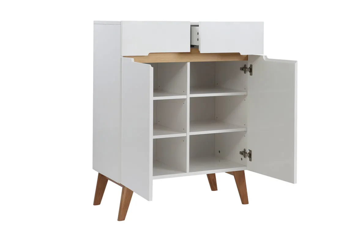 Miliboo Buffet-Buffet scandinave blanc brillant et finition bois clair 2 portes 2 tiroirs L80cm MELKA