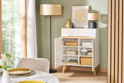 Miliboo Buffet-Buffet scandinave blanc brillant et finition bois clair 2 portes 2 tiroirs L80cm MELKA