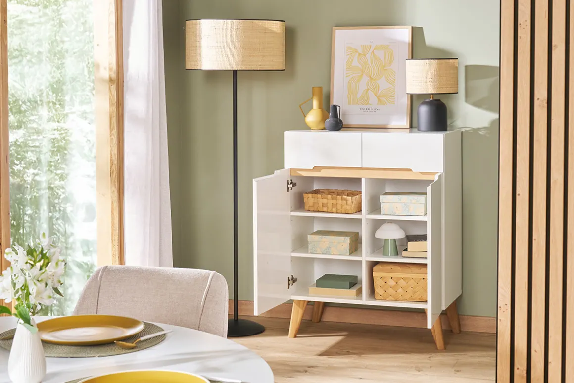 Miliboo Buffet-Buffet scandinave blanc brillant et finition bois clair 2 portes 2 tiroirs L80cm MELKA