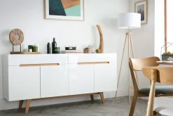 Miliboo Buffet-Buffet scandinave blanc brillant et finition bois clair 4 portes 2 tiroirs L180 cm MELKA