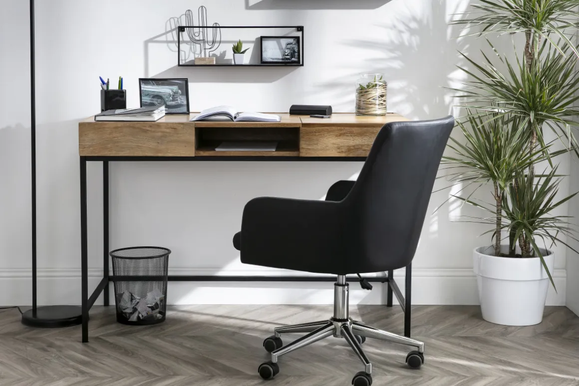 Miliboo Bureau Design-Bureau à rangements industriel bois manguier massif et métal noir L118 cm YPSTER