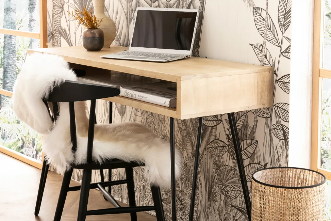 Miliboo Bureau Design|Console-Bureau avec rangement en bois manguier massif et métal noir L116 cm VIBES