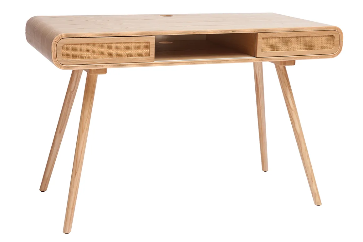 Miliboo Bureau Design-Bureau avec rangement vintage en bois clair et cannage L120 cm OLYMPE