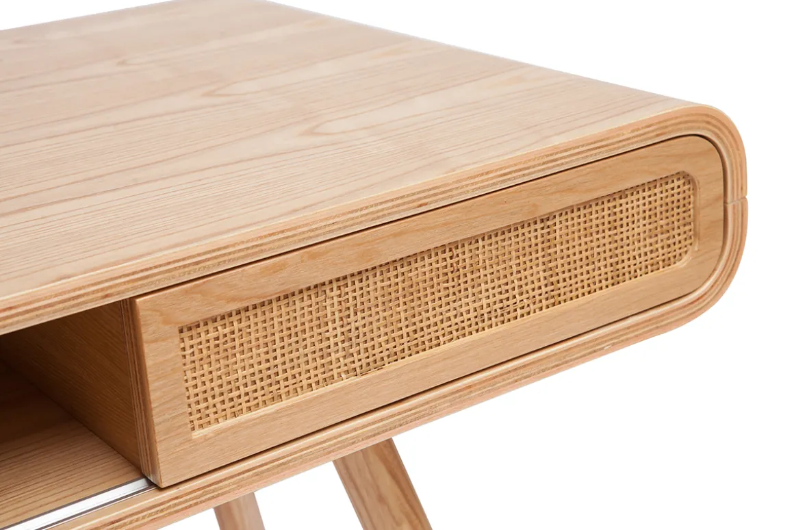 Miliboo Bureau Design-Bureau avec rangement vintage en bois clair et cannage L120 cm OLYMPE