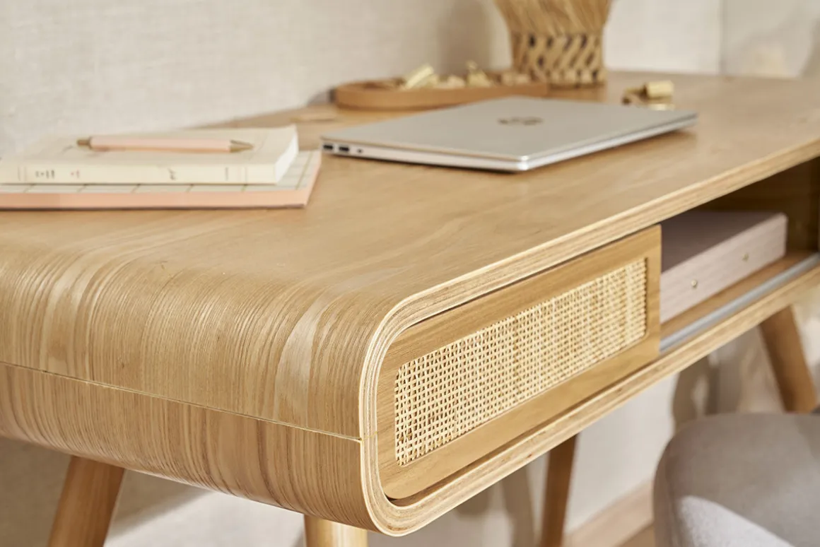 Miliboo Bureau Design-Bureau avec rangement vintage en bois clair et cannage L120 cm OLYMPE