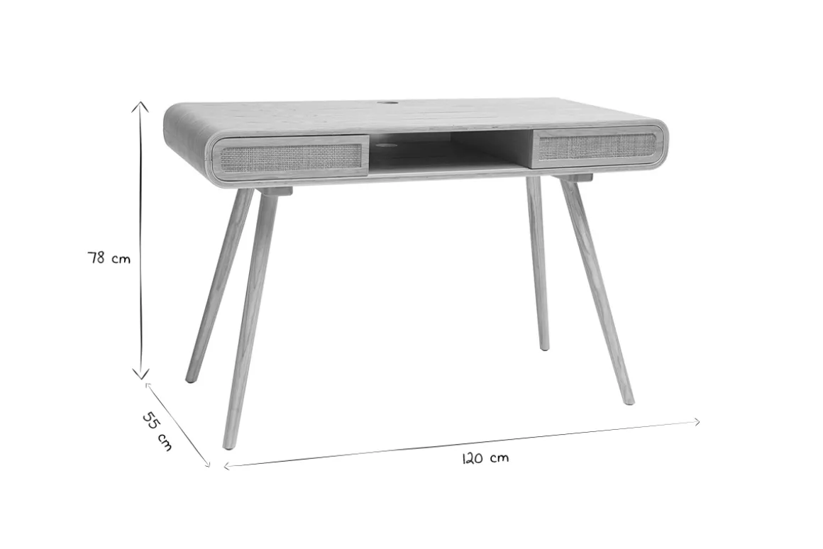 Miliboo Bureau Design-Bureau avec rangement vintage en bois clair et cannage L120 cm OLYMPE