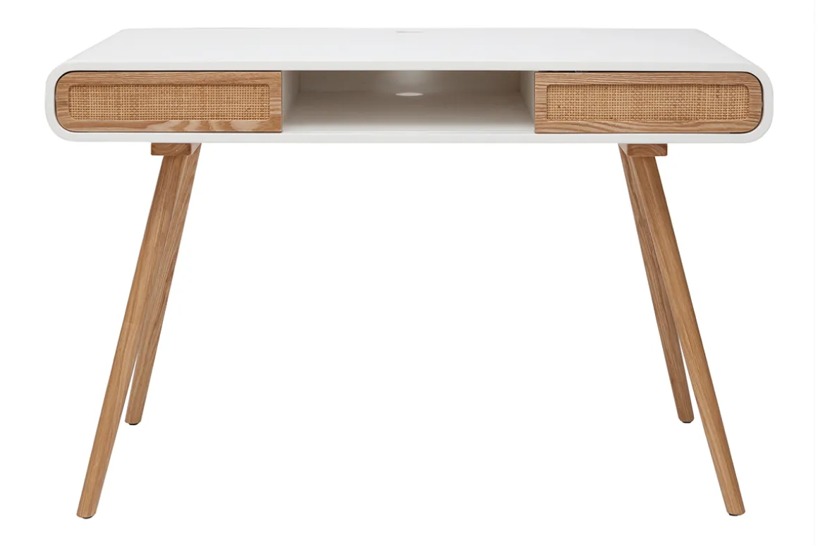 Miliboo Bureau Design-Bureau avec rangement vintage blanc, cannage et bois clair L120 cm OLYMPE