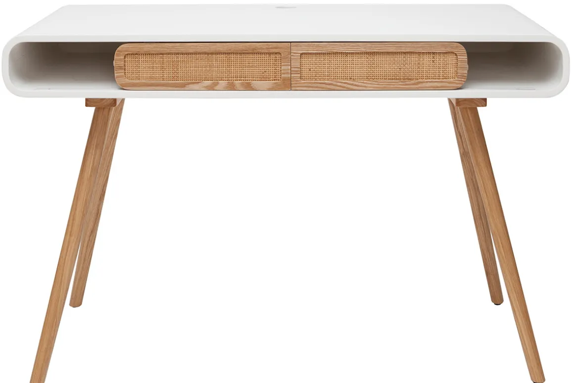Miliboo Bureau Design-Bureau avec rangement vintage blanc, cannage et bois clair L120 cm OLYMPE