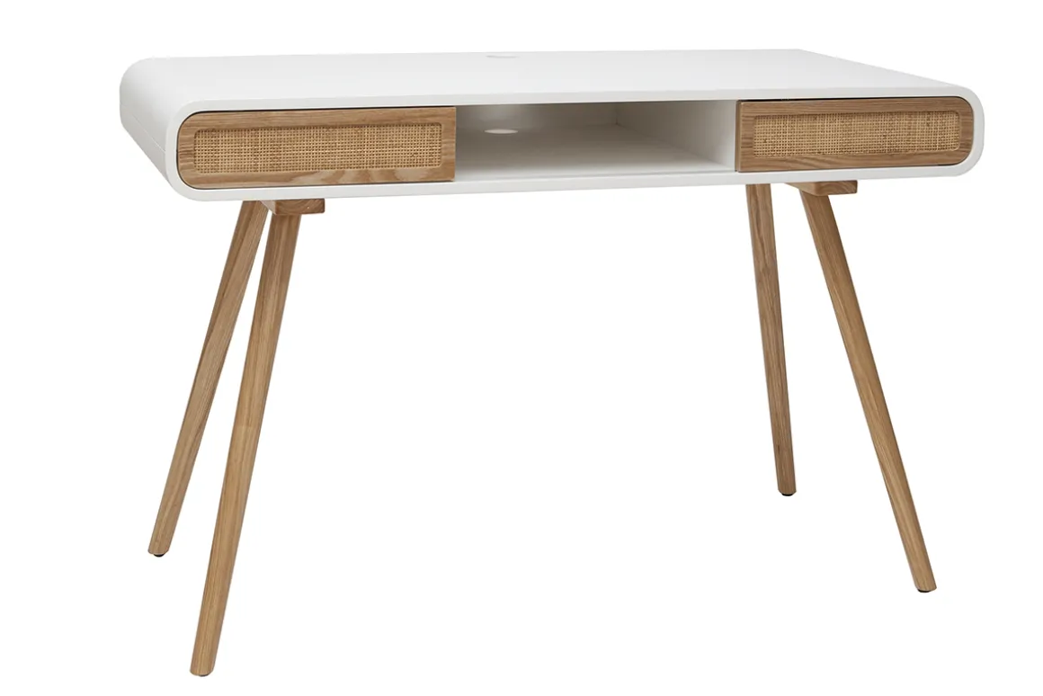 Miliboo Bureau Design-Bureau avec rangement vintage blanc, cannage et bois clair L120 cm OLYMPE