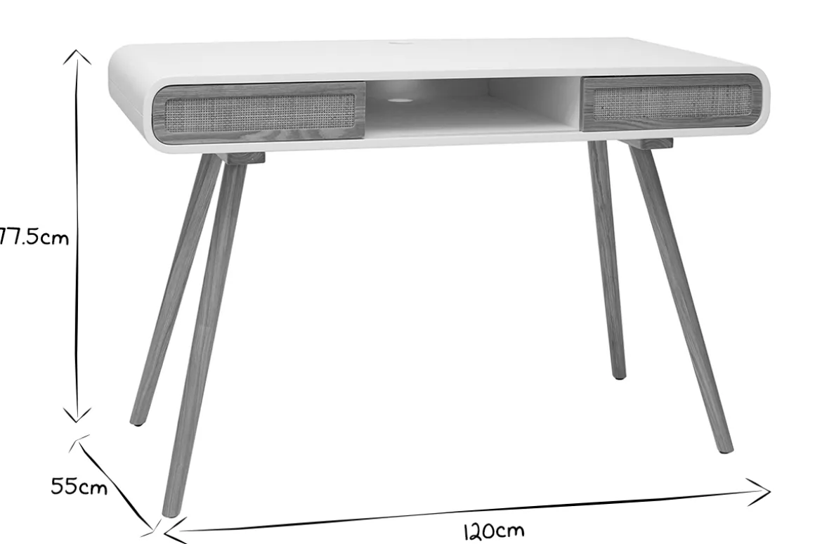 Miliboo Bureau Design-Bureau avec rangement vintage blanc, cannage et bois clair L120 cm OLYMPE
