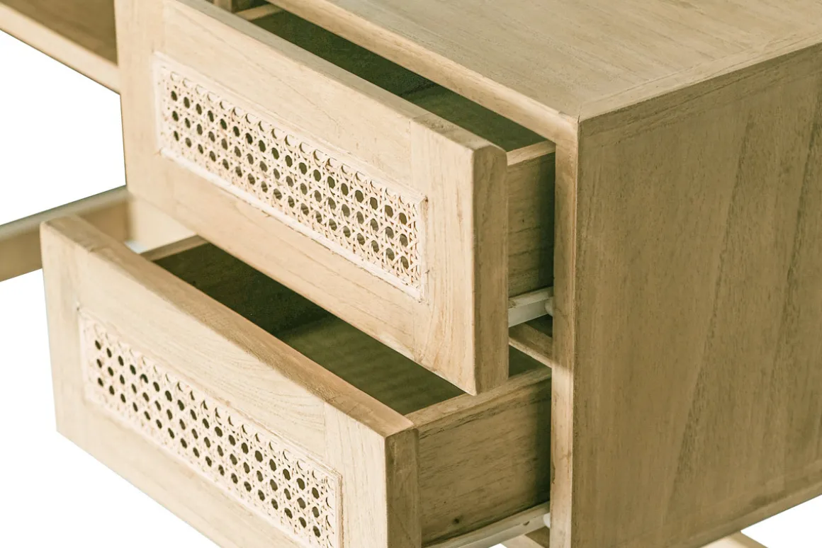 Miliboo Bureau Design-Bureau avec rangements 2 tiroirs bois clair et cannage rotin L120 cm GALINA