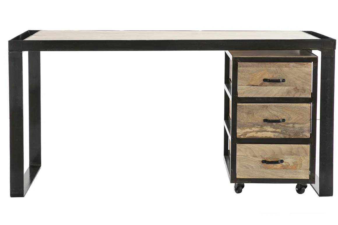 Miliboo Bureau Design-Bureau avec rangements 3 tiroirs industriel bois manguier massif et métal noir L156 cm INDUSTRIA