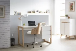 Miliboo Bureau Design-Bureau avec rangements 3 tiroirs scandinave blanc mat et bois clair frêne massif L130 cm ARMEL