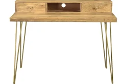 Miliboo Bureau Design-Bureau avec rangements bois manguier massif gravé et métal doré L115 cm LINIUM