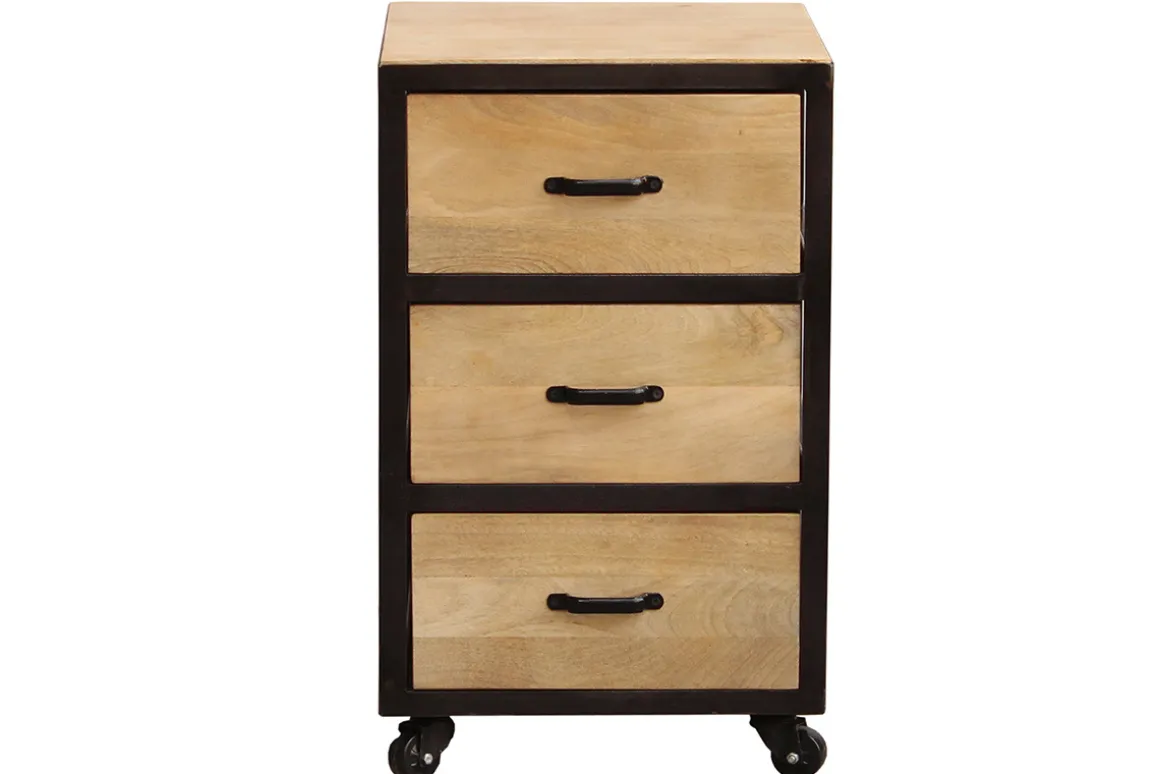 Miliboo Rangement Bureau-Caisson de bureau à roulettes 3 tiroirs industriel bois massif et métal noir INDUSTRIA