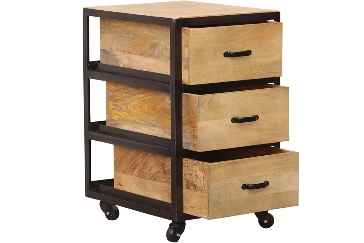 Miliboo Rangement Bureau-Caisson de bureau à roulettes 3 tiroirs industriel bois massif et métal noir INDUSTRIA