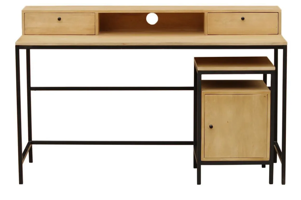 Miliboo Rangement Bureau-Caisson de bureau industriel bois manguier massif et métal noir OPIUM