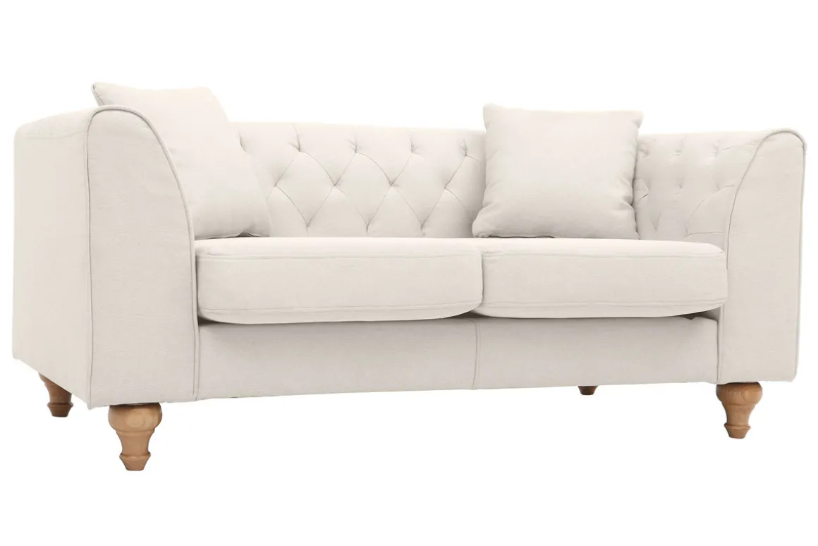 Miliboo Canapé Design|Voir Tous Les Canapés-Canapé 2 places capitonné en tissu beige et bois clair MONTAIGNE