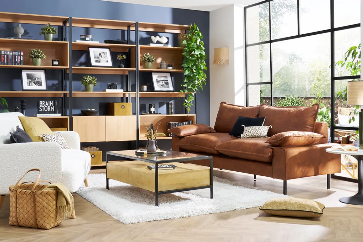 Miliboo Canapé Cuir|Voir Tous Les Canapés-Canapé 3 places en cuir aspect vieilli marron cognac et métal noir DORY